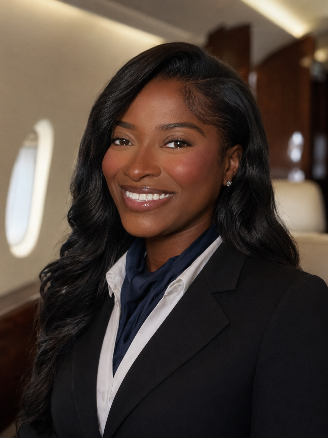 Christiona Davis, corporate flight attendant, portrait aboard a private jet